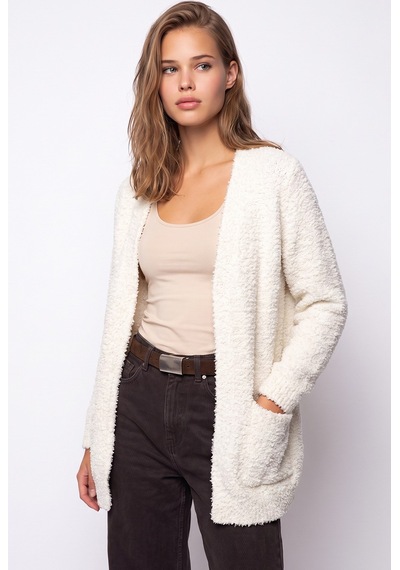 Mixray 7069 Kadın Buklet Dokulu Cepli Oversize Triko Hırka Krem