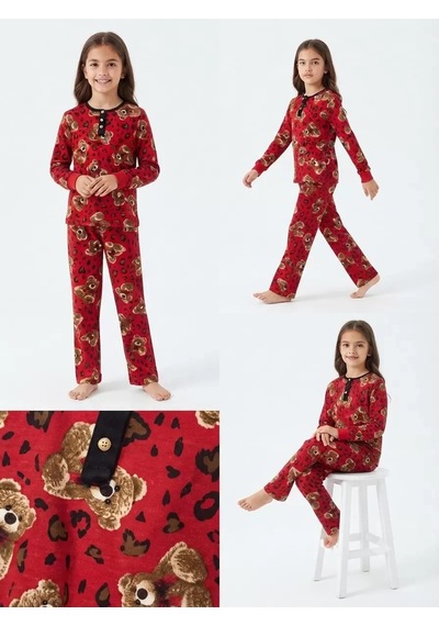 Veraura Lifestyle 6/14 Yaş Ayıcık Baskılı Pamuk Penye Çocuk Pijama Takımı Kırmızı