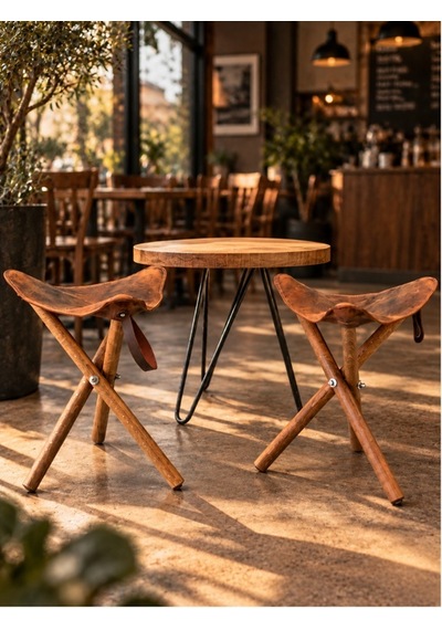 El Yapımı Hakiki Deri Tabure Ahşap Katlanır Kamp Taburesi Kafe Ve Ev Dekoru