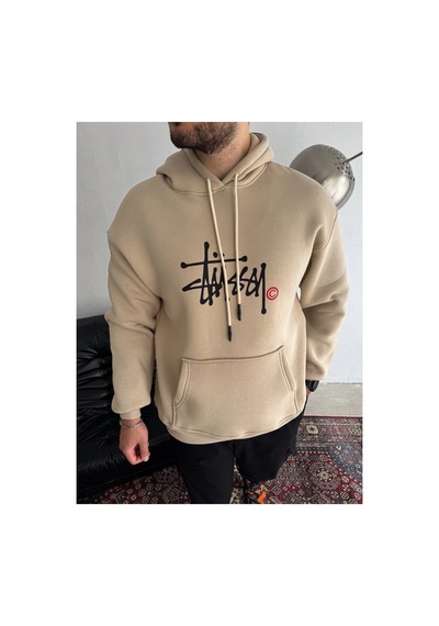 Erkek Üç İplik Kapşonlu Baskılı Sweatshirt - Bej
