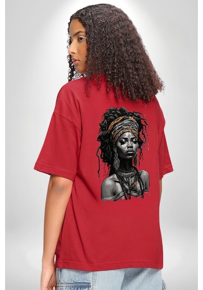 Afrikalı Kadın Sanat Siyahi Kırmızı Oversize Unisex Ön Ve Sırt Baskılı Tişört Kırmızı