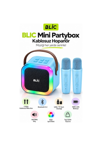 Blic Bls-97 Partybox Çift Kablosuz Mikrofonlu Rgb Led Işıklı Taşınabilir Bluetooth Karaoke Hoparlör Mavi-14929
