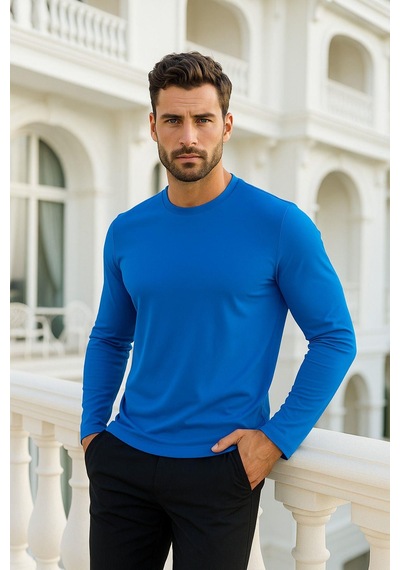 Rich Erkek Uzun Kollu Bisiklet Yaka Tişört - %100 Pamuk Basic Relaxed T-shirt Mavi
