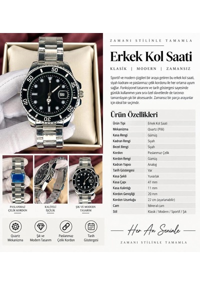 Daytona Kronograf Ful Siyah Kardan Erkek Kol Saati Gümüş - Siyah