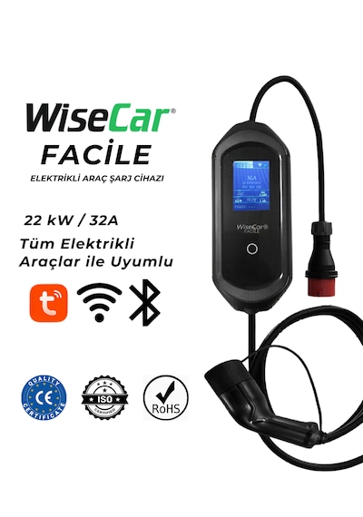Wisecar Facile 22 Kw 32a Mobil Uygulamalı Taşınabilir Elektrikli Araç Şarj Cihazı Tuya Smart Wifi + Bluetooth 11-22kw
