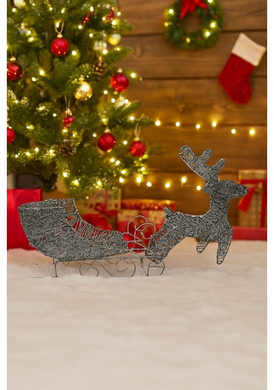 Yılbaşı Işıklı Tel Geyik Kızaklı 40x20 Cm Kendinden Pilli Gümüş Led Dekor Diğer