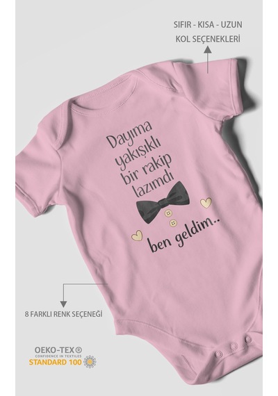 Morivokids Dayıya Özel Kısa Kollu Bebek Body %100 Pamuk Koyu Pembe