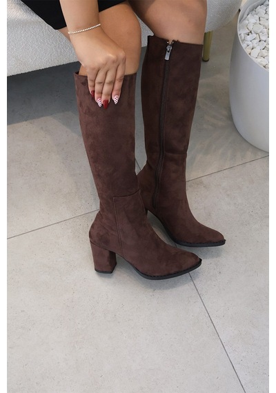 Asmi Shoes Kadın Lamor Kahve Süet 7 Cm Topuklu Yandan Fermuarlı Diz Altı Çizme 400
