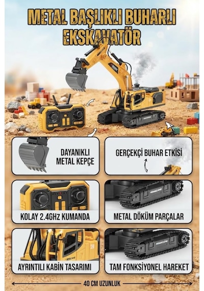 Metal Başlıklı Buharlı 1:18 Ölçekli Uzaktan Kumandalı 10 Fonksiyonlu 2.4 Ghz Oyuncak Ekskavatör Sarı