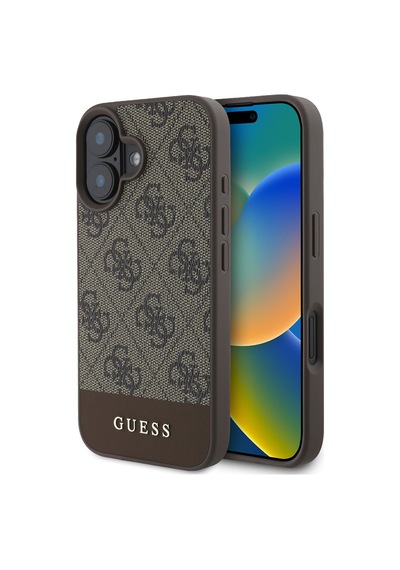 Apple Uyumlu iPhone 16 Kılıf Guess Lisanslı Pu Deri Şerit Logo Dizaynlı Kapak Kahverengi