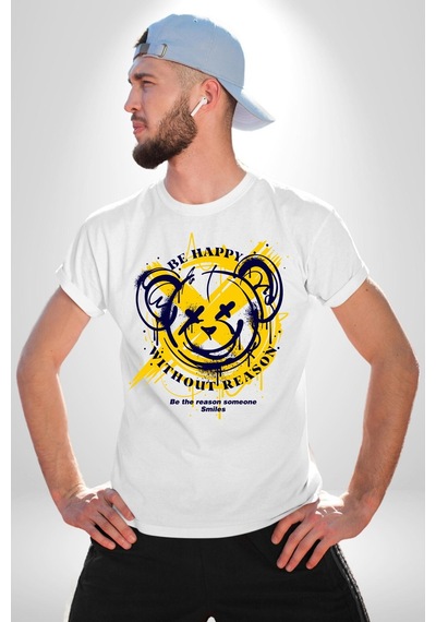 Sebep Olmadan Mutlu Ol Unisex Unisex Beyaz Organik Baskılı T-shirt Penye Yüksek Kalite Beyaz