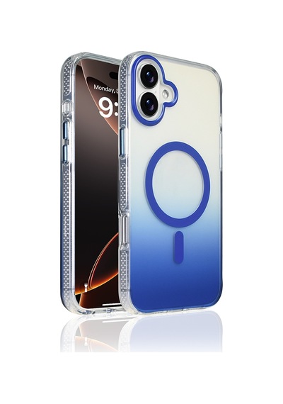 Zore Apple iPhone Uyumlu 16 Plus Kılıf M-safe Şarj Özellikli Transparan Renk Geçişli Omsy Toros Kapak - Mavi