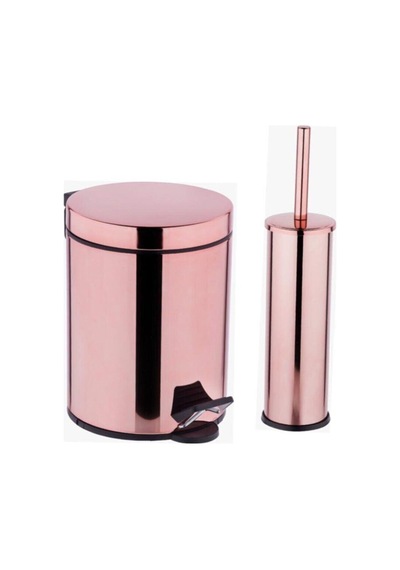 Rose Gold - Pembe Renk Banyo 5 Lt Pedallı Çöp Kovası + Klozet Fırçası Set Gold