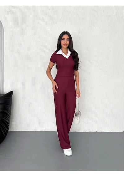 Kazax Ottoman Kumaş Beyaz Gömlek Yaka Takım S4142 Bordo
