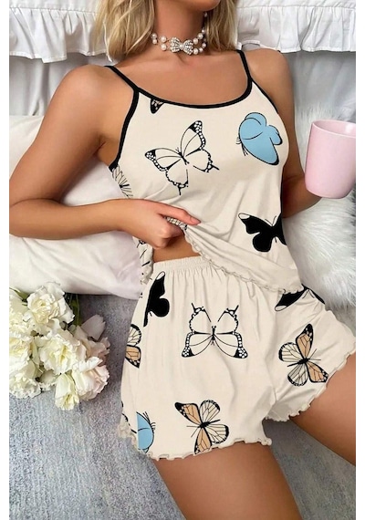 Bella Notte 2 Parça Kelebek Baskılı Şortlu Pijama Takımı Bej