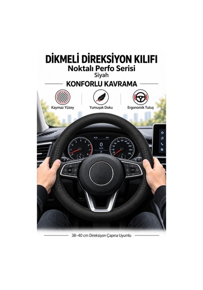 Trobus Volkswagen Golf 2009-2012 Uyumlu Dikmeli Direksiyon Kılıfı Noktalı Perfo Siyah