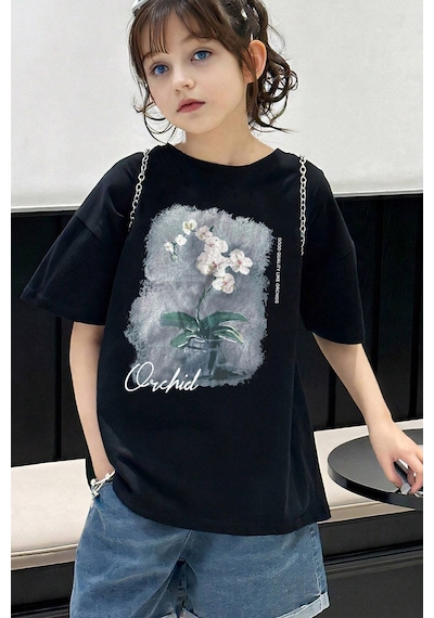 Uyguntarz Çocuk Orchid Baskılı Pamuklu Tshirt Siyah
