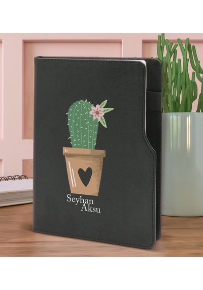 Bk Gift Kişiye Özel Kaktüs Tasarımlı Siyah Termo Deri Not Defteri 15x21cm-6