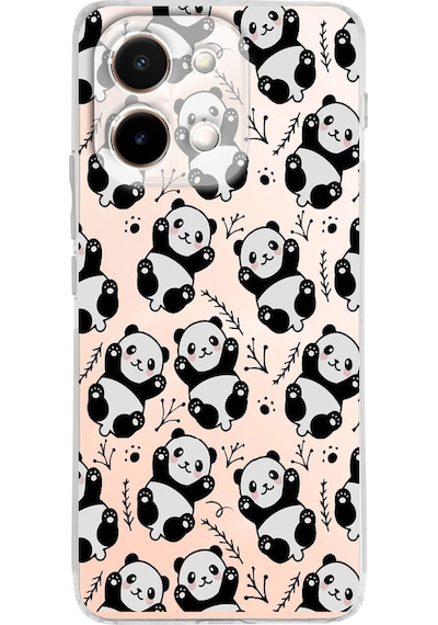 Vivo Y28 İle Uyumlu Panda Baskılı Tasarım Kamera Korumalı Şeffaf Silikon Kılıf Şeffaf
