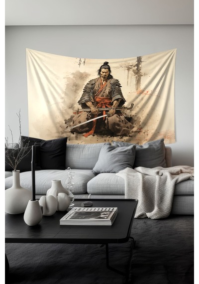 Samuray Savaşçısı Desenli Duvar Halısı Duvar Örtüsü Tapestry Süet Dokulu Kumaş
