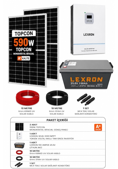 Lexron 3kva 3000w Mppt + 25.6v 100ah Lityum Akü + 2x590w Güneş Paneli Solar Enerji Paketi