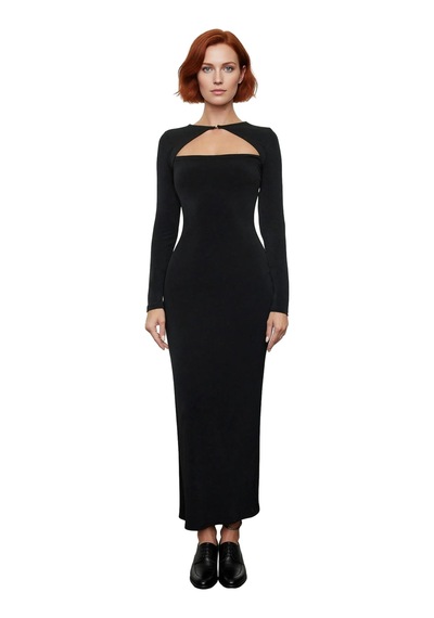 Ersefa Fashion Forward Kadın Bodycon Maxi Elbise Uzun Kollu Bisiklet Yak Siyah