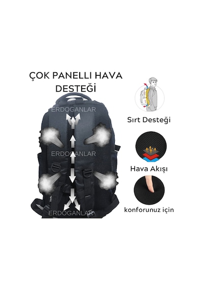 Baggor Büyük Boy Su Geçirmez Çok Gözlü Seyahat Okul Trekking Sırt Çantası 50 L Siyah