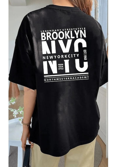Unisex Siyah Pamuklu Oversize T-shirt Brooklyn Baskılı Siyah