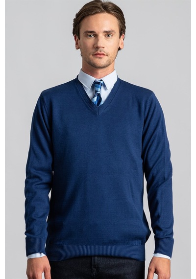 Tudors Slim Fit Dar Kesim V Yaka Pamuklu Erkek Kazak-22478 Mavi
