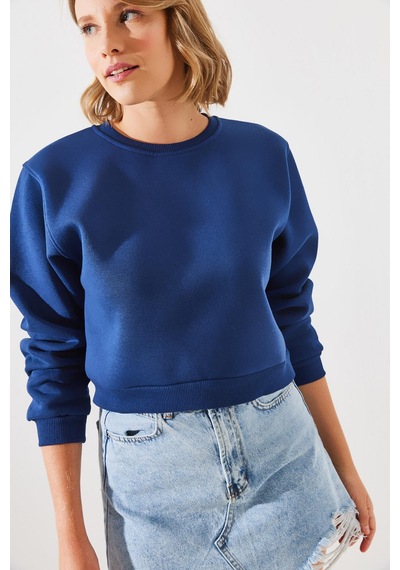 Shade Kadın Bisiklet Yaka Şardonlu Basic Crop Sweatshirt 60251797 - Lacivert