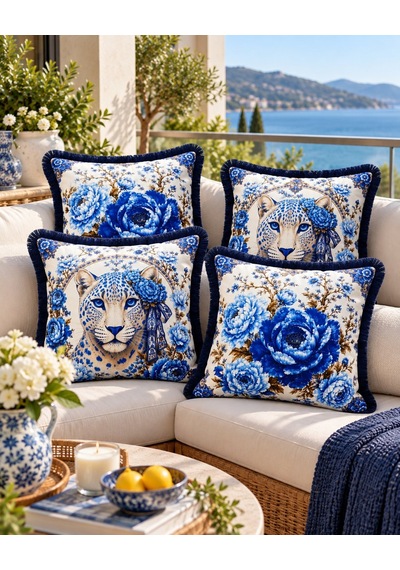 Mavi Leopar Desenli 4 Lü Saçaklı Kırlent Kılıfı 45 x 45