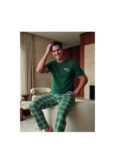 Elitol Pamuklu Likralı Erkek Pijama Takımı Yeşil