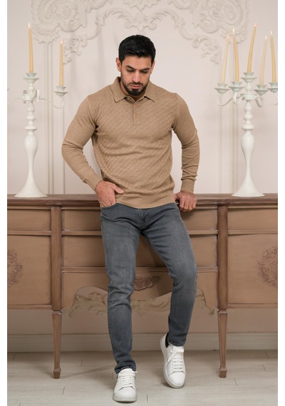 Woolen World Polo Yaka Slimfit Desenli Yünlü Erkek Triko Kazak Devetüyü