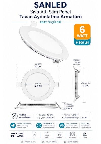6w Tasarruflu Led Yuvarlak Beyaz Işık Sıva Altı Slim Panel Tavan Aydınlatma Armatürü