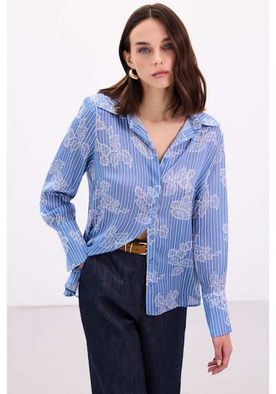 Sateen Geniş Manşetli Gömlek - Mavi-136905 Mavi