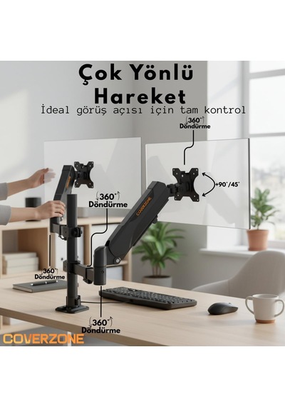 17 32 İnç Amortisörlü Çiftli Pivot Monitör Kolu, Gazlı Yaylı, 2 9 Kg, Çift Montaj Seçeneği Sıkıştırma Ve Vidalama, 360 Döner, Vesa Uyumlu Stant, M01, Siyah