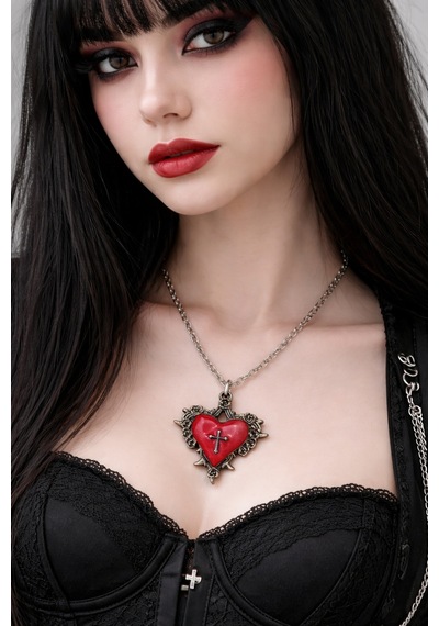 Kırmızı Kalp Ve Haç Detaylı Gotik Kolye Unisex Metal Zincir Çok renkli