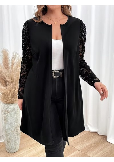 Veraura Lifestyle Kadın Uzun Kollu Dantel Detaylı Önü Açık Midi Modal Ceket Siyah