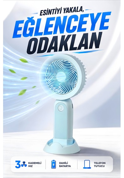 Şarjlı Taşınabilir Mini El Fanı 3 Kademeli Hız Ayarlı Telefon Standlı Vantilatör Mavi