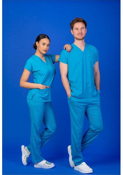 Tek Üst Unisex Kalıp Turkuaz Mavi Likralı Hemşire / Doktor Forması Scrubs Turkuaz