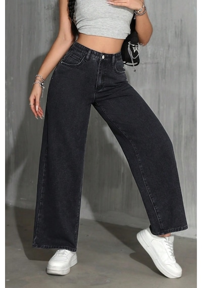 Palazzo Pantolon Koyu Füme Yüksek Bel Geniş Paça Bol Kesim Premium Jeans Gri