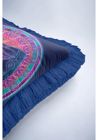 Mandala Fil Saçaklı Yastık Kılıfı - Bohem Etnik Mavi Turuncu Püsküllü Kırlent Kılıfı Pastel Grili Mercan