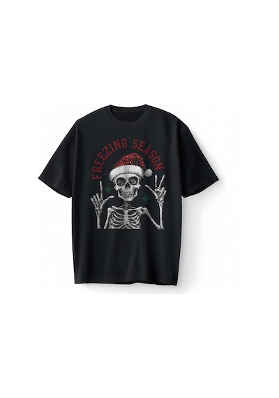 Bumeta Noel Temalı Christmas Freezing Season Oversize Unisex Tişört T-shirt Siyah