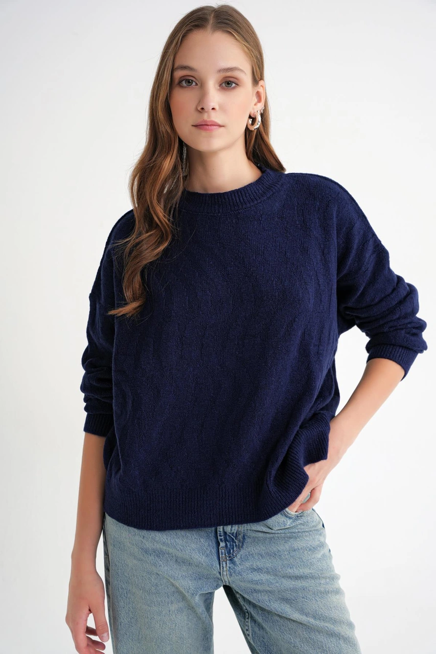 Mixray 6947 Kadın Kendinden Desenli Oversize Triko Kazak Lacivert