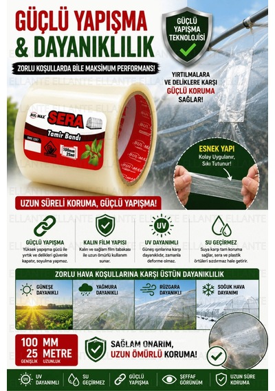 Sera Tamir Bandı 100 Mm X 25 Metre Şeffaf Uv Dayanımlı Güçlü Yapışkanlı Sera Naylonu Onarım Bandı