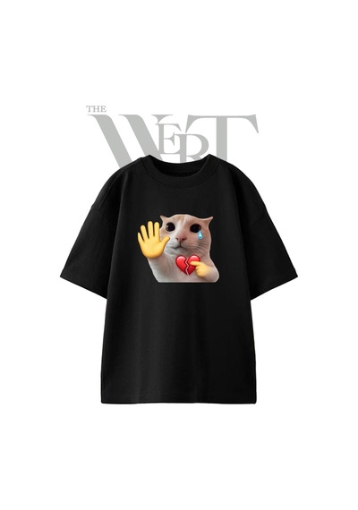 Thewert Crying Cat Meme Tasarım Baskılı Ünisex Siyah Oversize T-shirt