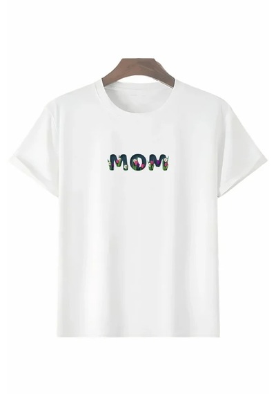 Dogutrend Anneler Günü Hediye Mom Çiçek Baskılı Oversize Bisiklet Yaka T-shirt - Beyaz