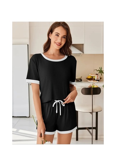 Elmoda Kadın Kaşkorse Kumaş Şortlu Ev Giyim Takım Siyah Beyaz Pijama Siyah Siyah
