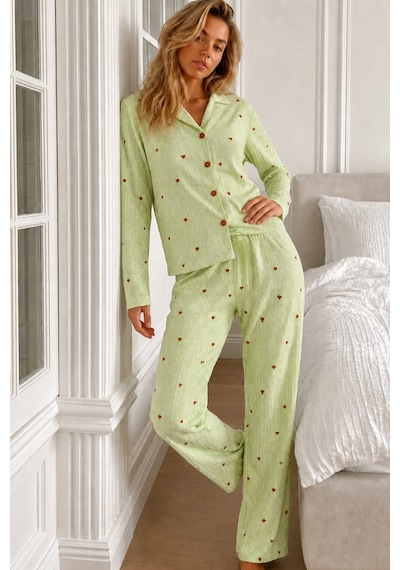 Womanandkids Night Yeşil Kadın Puantiyeli Uzun Kollu Düğmeli Pijama Takımı
