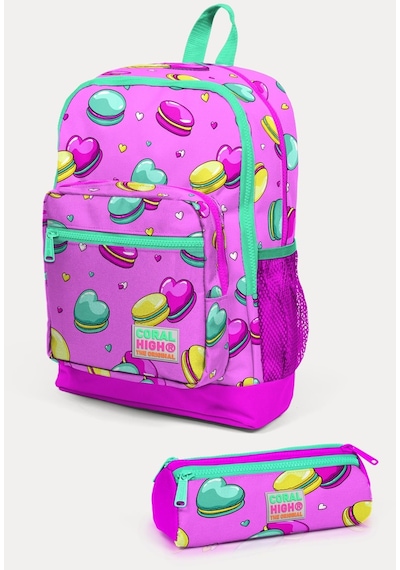 Coral High Kids Açık Pembe Su Yeşili Makaron Desenli 2'li Okul Çanta Seti Set0223462